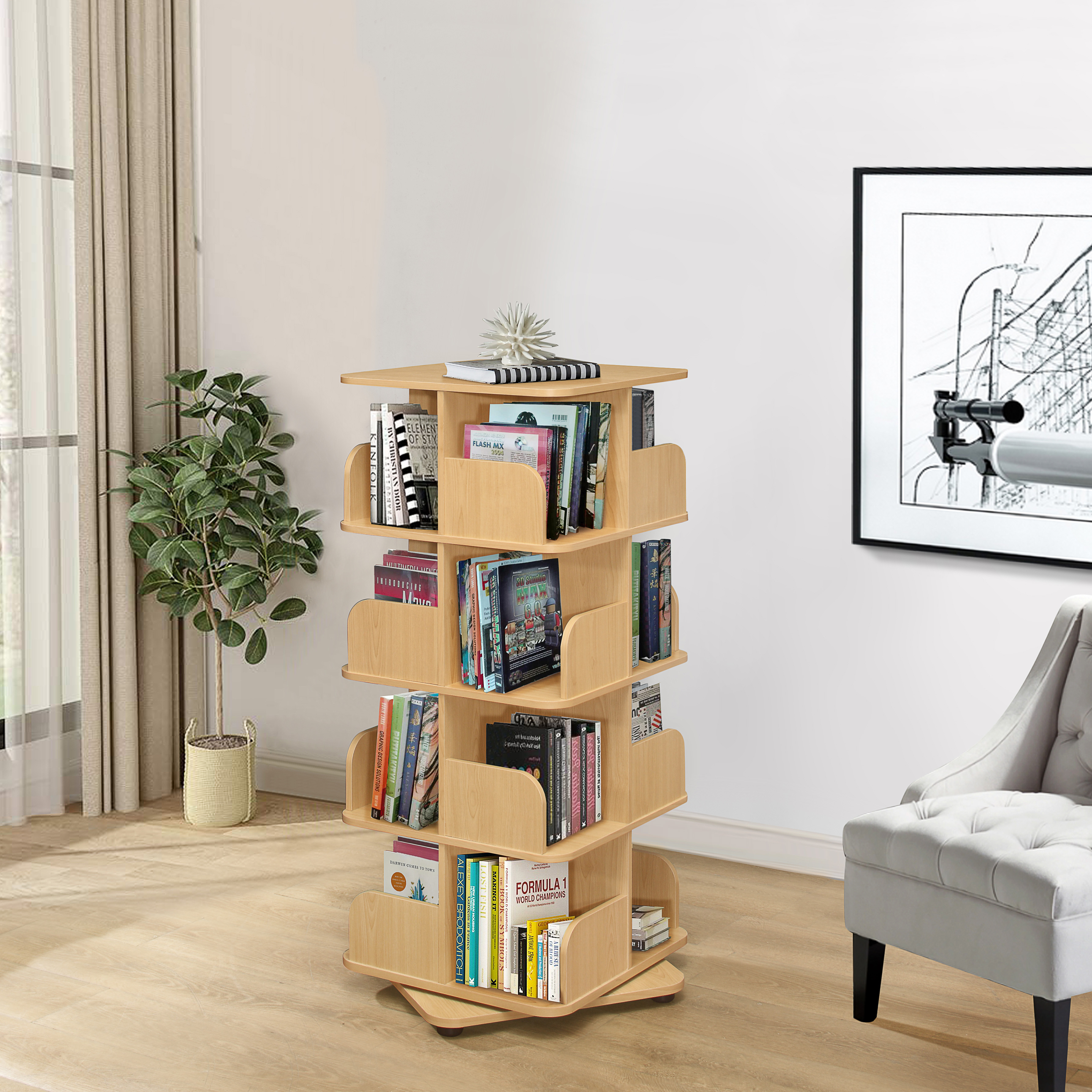 Angelica 4-Tier Revolving Bookcase (Natural)